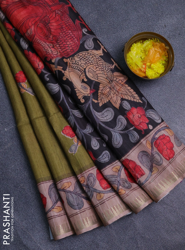 Semi matka saree mehendi green and pastel peach with butta prints and kalamkari printed pallu