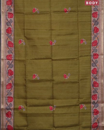 Semi matka saree mehendi green and pastel peach with butta prints and kalamkari printed pallu
