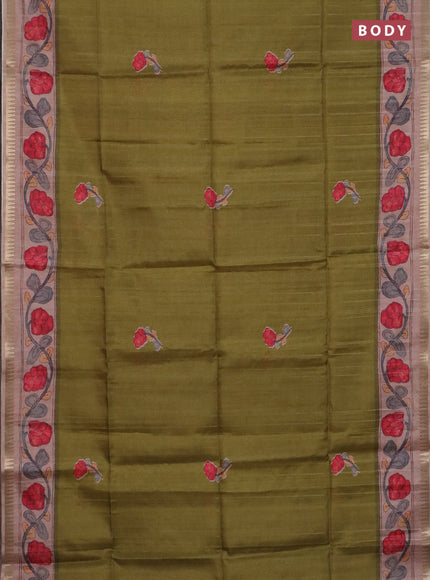 Semi matka saree mehendi green and pastel peach with butta prints and kalamkari printed pallu
