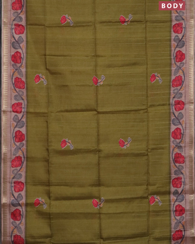 Semi matka saree mehendi green and pastel peach with butta prints and kalamkari printed pallu