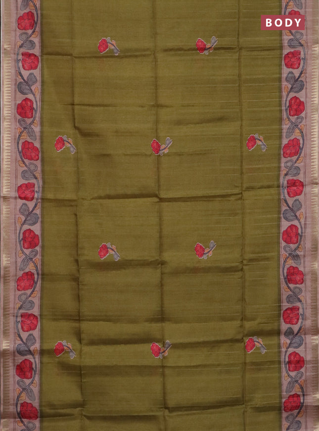 Semi matka saree mehendi green and pastel peach with butta prints and kalamkari printed pallu
