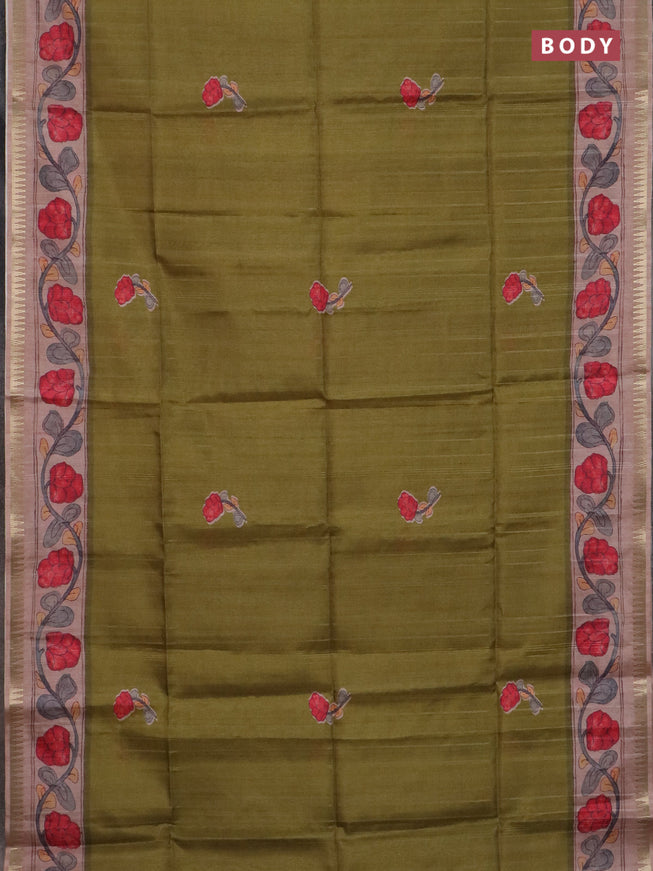 Semi matka saree mehendi green and pastel peach with butta prints and kalamkari printed pallu