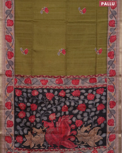 Semi matka saree mehendi green and pastel peach with butta prints and kalamkari printed pallu