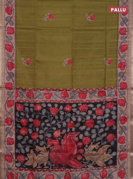 Semi matka saree mehendi green and pastel peach with butta prints and kalamkari printed pallu