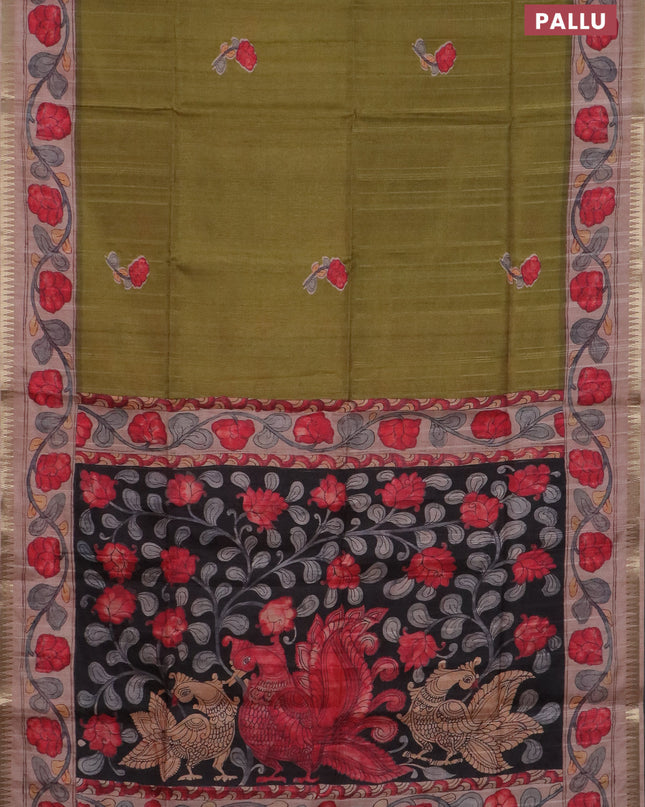 Semi matka saree mehendi green and pastel peach with butta prints and kalamkari printed pallu
