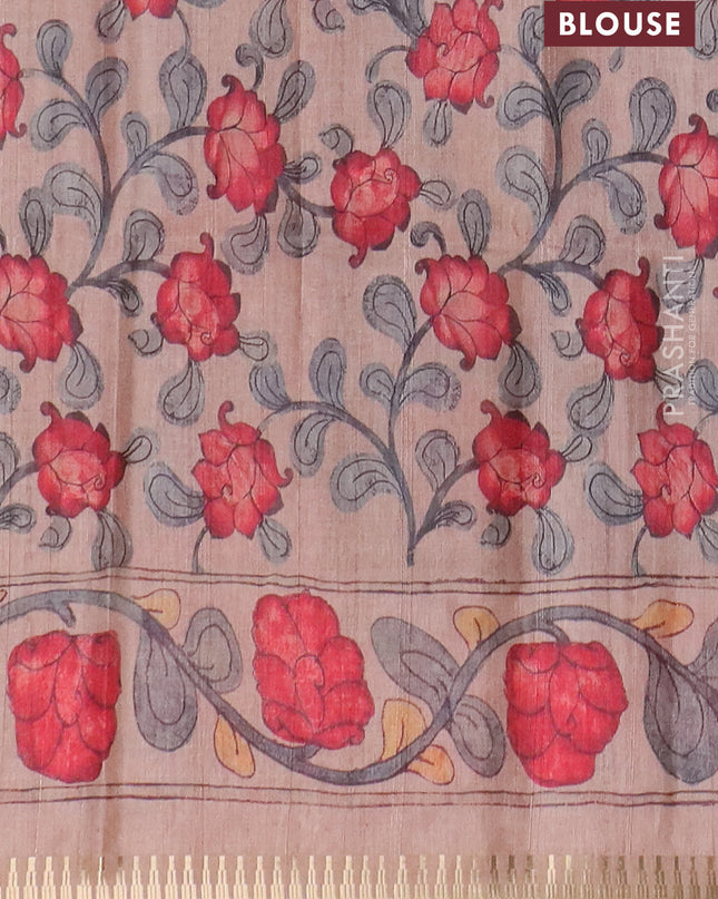 Semi matka saree mehendi green and pastel peach with butta prints and kalamkari printed pallu