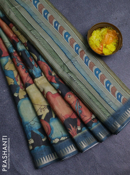 Semi matka saree sandal and peacock green with allover kalamkari prints and temple design zari woven border