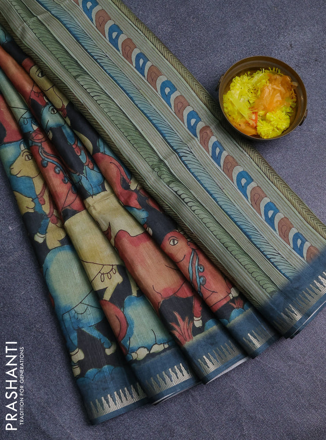 Semi matka saree sandal and peacock green with allover kalamkari prints and temple design zari woven border