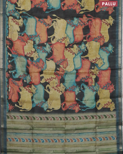 Semi matka saree sandal and peacock green with allover kalamkari prints and temple design zari woven border