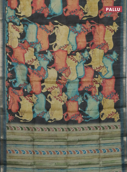Semi matka saree sandal and peacock green with allover kalamkari prints and temple design zari woven border