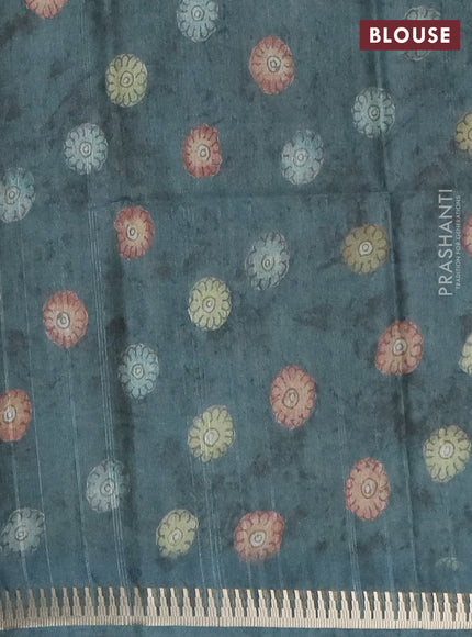 Semi matka saree sandal and peacock green with allover kalamkari prints and temple design zari woven border