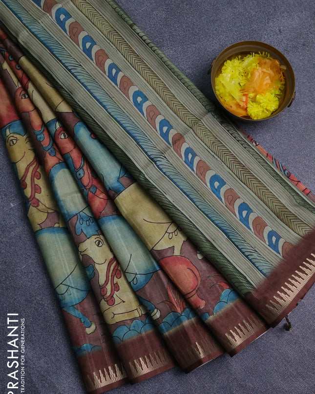 Semi matka saree sandal and brown with allover kalamkari prints and temple design zari woven border