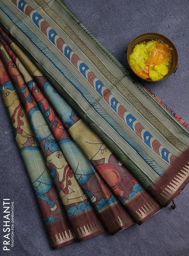 Semi matka saree sandal and brown with allover kalamkari prints and temple design zari woven border