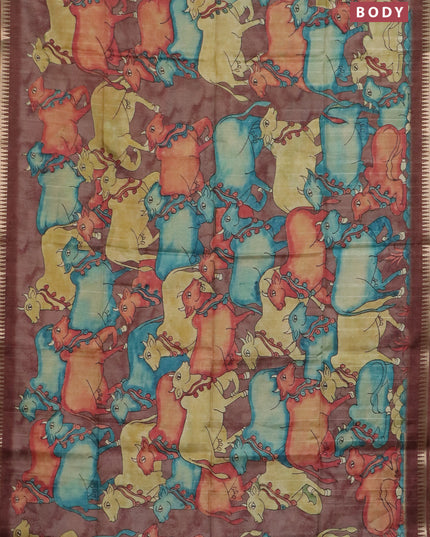Semi matka saree sandal and brown with allover kalamkari prints and temple design zari woven border