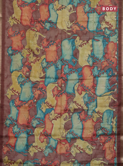 Semi matka saree sandal and brown with allover kalamkari prints and temple design zari woven border