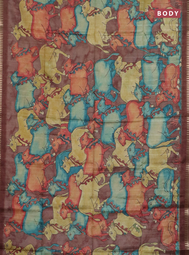 Semi matka saree sandal and brown with allover kalamkari prints and temple design zari woven border