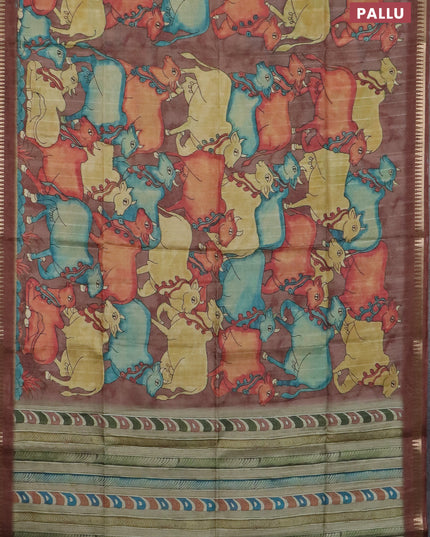 Semi matka saree sandal and brown with allover kalamkari prints and temple design zari woven border
