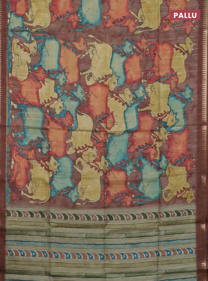 Semi matka saree sandal and brown with allover kalamkari prints and temple design zari woven border