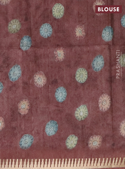 Semi matka saree sandal and brown with allover kalamkari prints and temple design zari woven border
