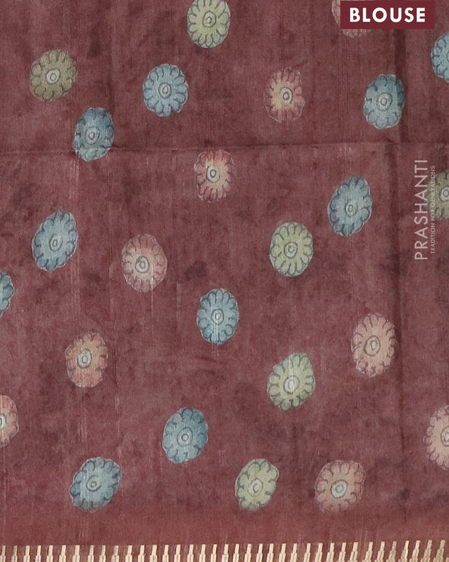 Semi matka saree sandal and brown with allover kalamkari prints and temple design zari woven border