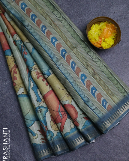Semi matka saree pastel green shade and peacock green with allover kalamkari prints and temple design zari woven border