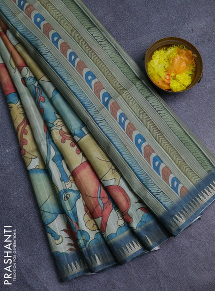 Semi matka saree pastel green shade and peacock green with allover kalamkari prints and temple design zari woven border