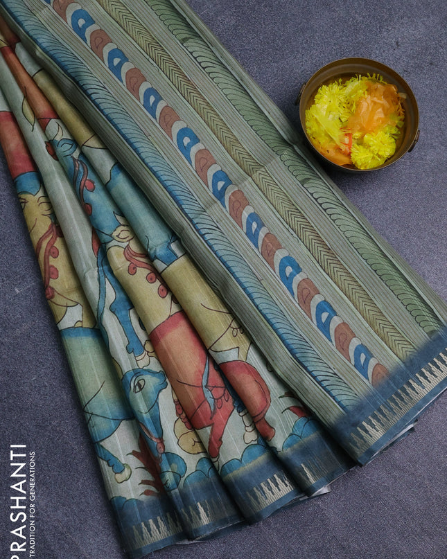 Semi matka saree pastel green shade and peacock green with allover kalamkari prints and temple design zari woven border