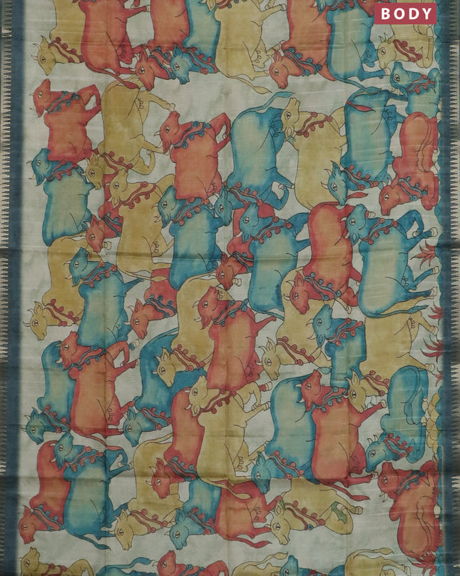 Semi matka saree pastel green shade and peacock green with allover kalamkari prints and temple design zari woven border