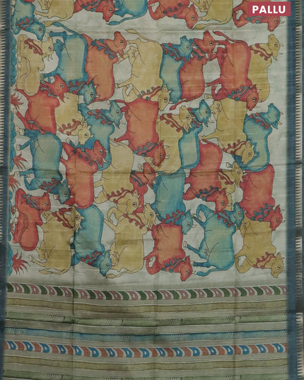 Semi matka saree pastel green shade and peacock green with allover kalamkari prints and temple design zari woven border