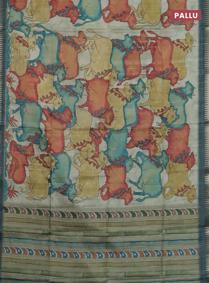 Semi matka saree pastel green shade and peacock green with allover kalamkari prints and temple design zari woven border
