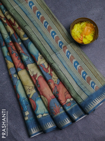 Semi matka saree sandal and peacock blue with allover kalamkari prints and temple design zari woven border