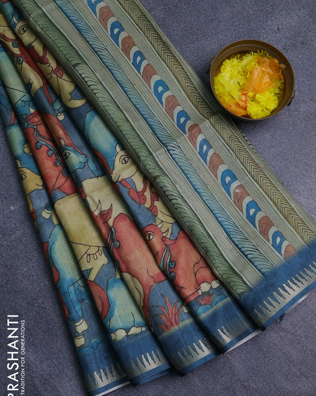 Semi matka saree sandal and peacock blue with allover kalamkari prints and temple design zari woven border