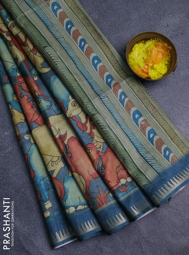 Semi matka saree sandal and peacock blue with allover kalamkari prints and temple design zari woven border