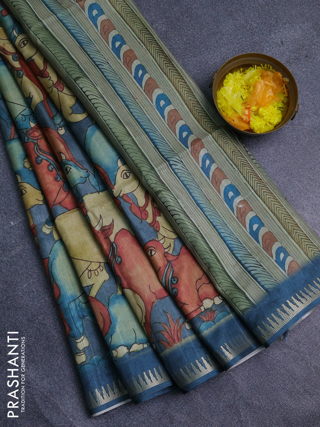 Semi matka saree sandal and peacock blue with allover kalamkari prints and temple design zari woven border