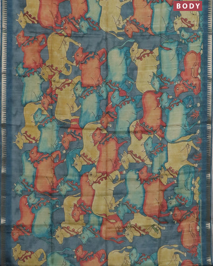 Semi matka saree sandal and peacock blue with allover kalamkari prints and temple design zari woven border