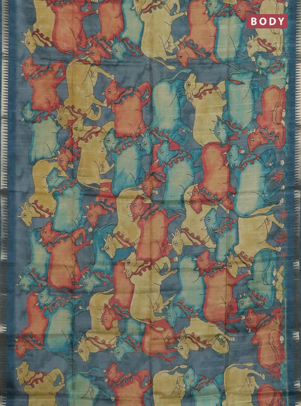 Semi matka saree sandal and peacock blue with allover kalamkari prints and temple design zari woven border