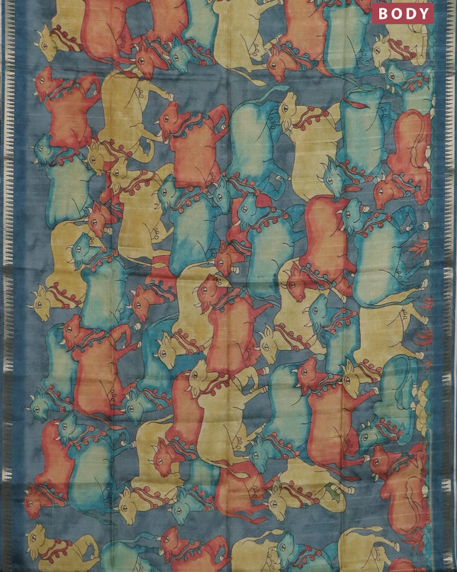 Semi matka saree sandal and peacock blue with allover kalamkari prints and temple design zari woven border
