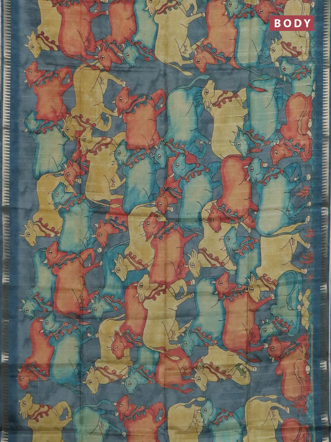 Semi matka saree sandal and peacock blue with allover kalamkari prints and temple design zari woven border