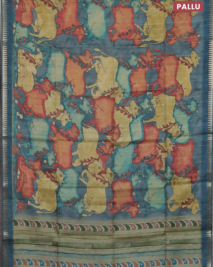 Semi matka saree sandal and peacock blue with allover kalamkari prints and temple design zari woven border