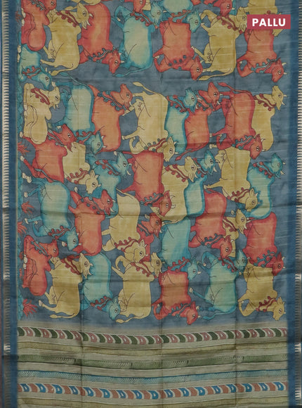 Semi matka saree sandal and peacock blue with allover kalamkari prints and temple design zari woven border