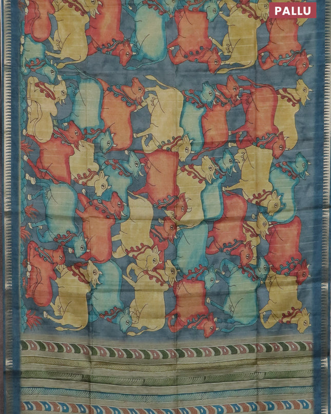 Semi matka saree sandal and peacock blue with allover kalamkari prints and temple design zari woven border