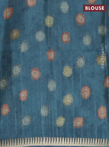 Semi matka saree sandal and peacock blue with allover kalamkari prints and temple design zari woven border