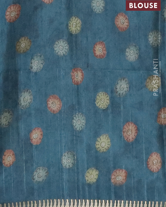 Semi matka saree sandal and peacock blue with allover kalamkari prints and temple design zari woven border