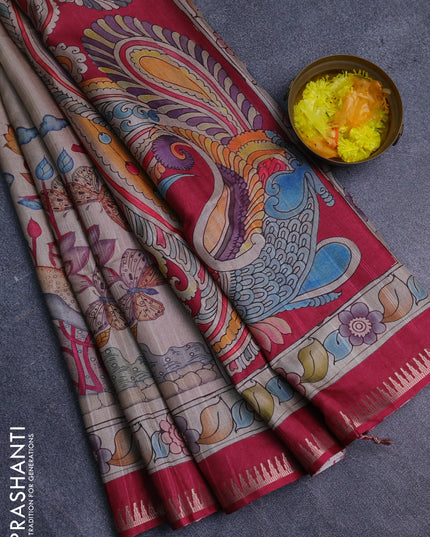 Semi matka saree beige and pink with butta prints and kalamkari printed pallu