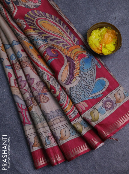 Semi matka saree beige and pink with butta prints and kalamkari printed pallu