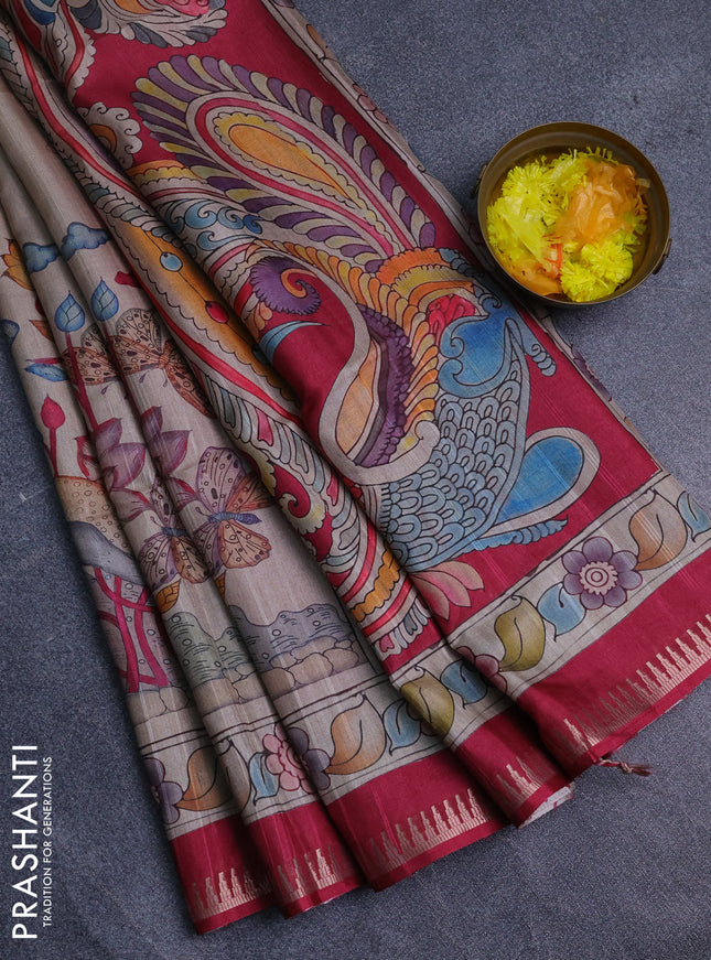 Semi matka saree beige and pink with butta prints and kalamkari printed pallu