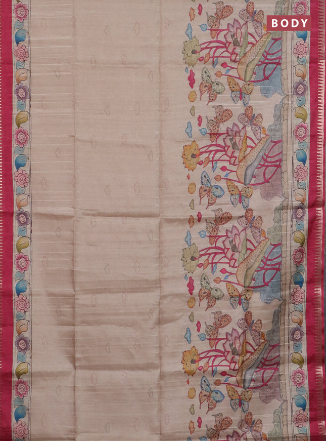 Semi matka saree beige and pink with butta prints and kalamkari printed pallu