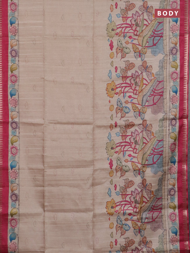 Semi matka saree beige and pink with butta prints and kalamkari printed pallu