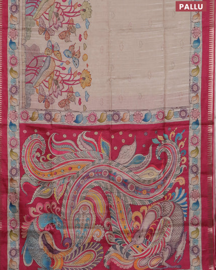 Semi matka saree beige and pink with butta prints and kalamkari printed pallu