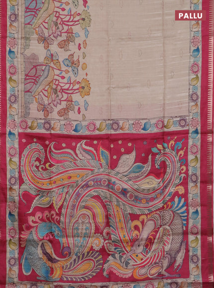 Semi matka saree beige and pink with butta prints and kalamkari printed pallu